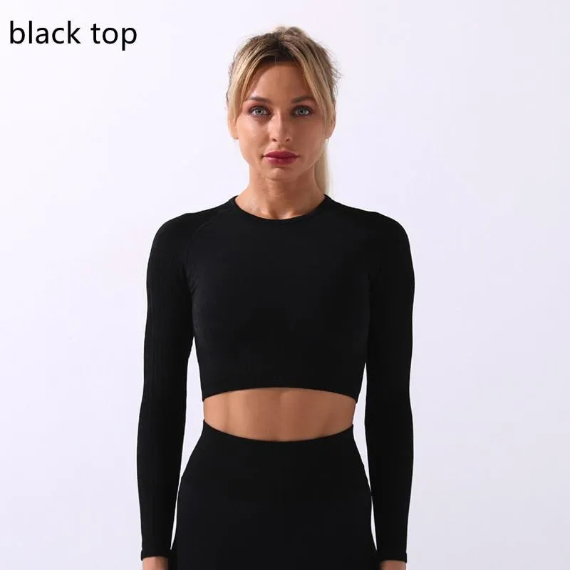 Yoga Set Long Sleeve Crop Top T-Shirt Leggings Tracksuit For Women