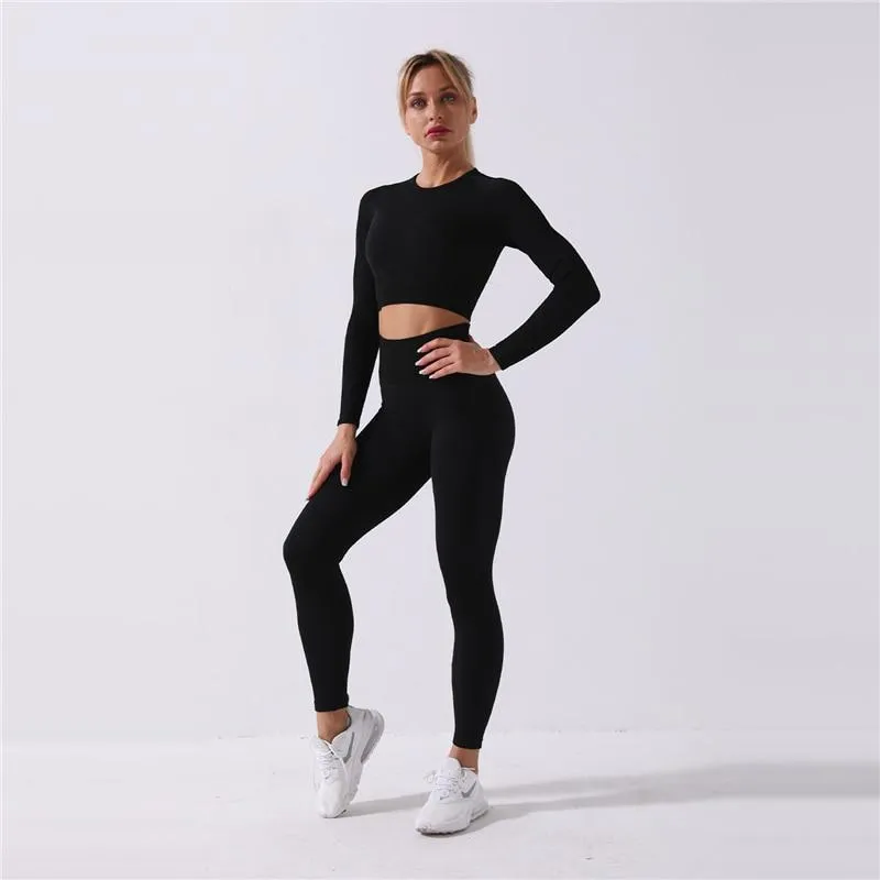 Yoga Set Long Sleeve Crop Top T-Shirt Leggings Tracksuit For Women